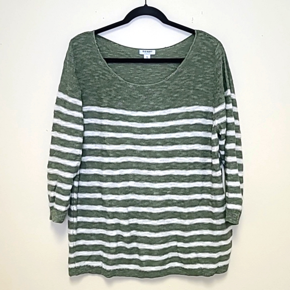 Old Navy Sage Striped 3/4 Sleeve Sweater